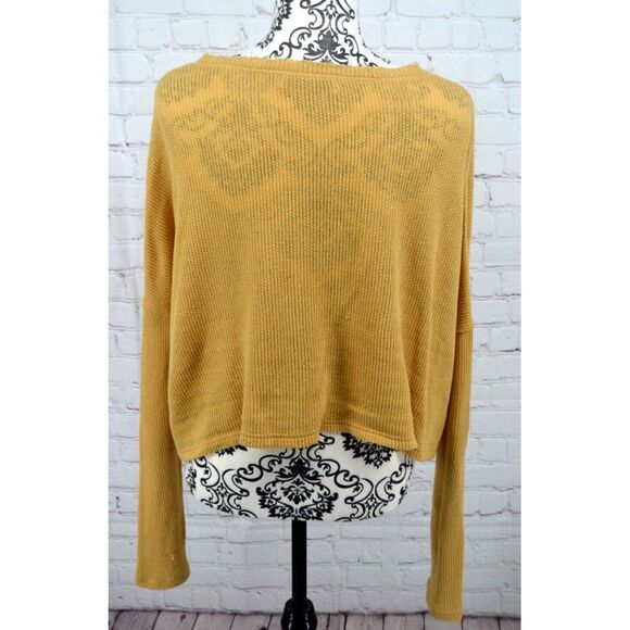 URBAN OUTFITTERS Mustard Yellow Courtney Crop Waffle Knit Thermal Cardigan SMALL - Picture 5 of 6